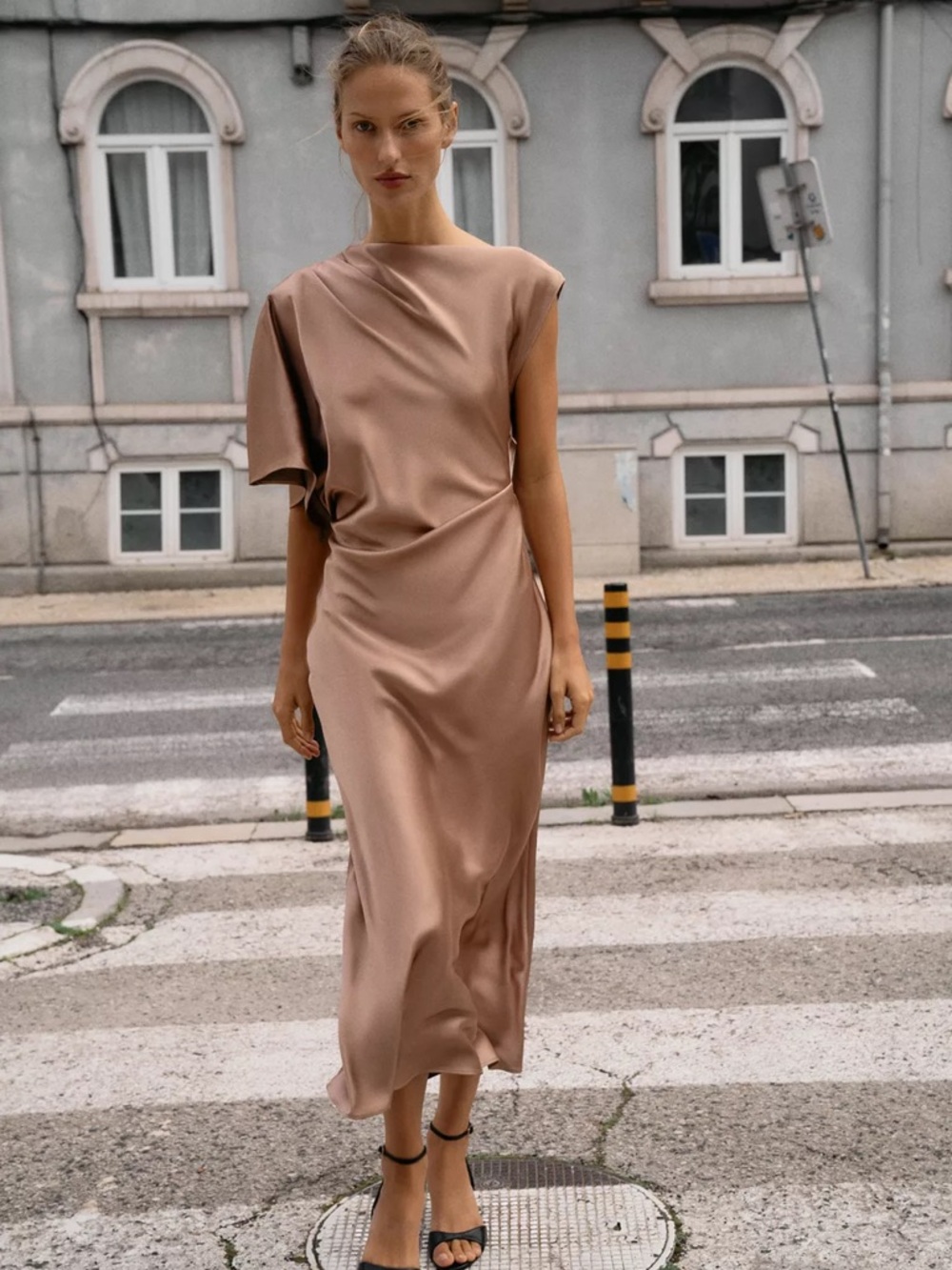 Zara Taupe Asymmetric Satin Midi Dress